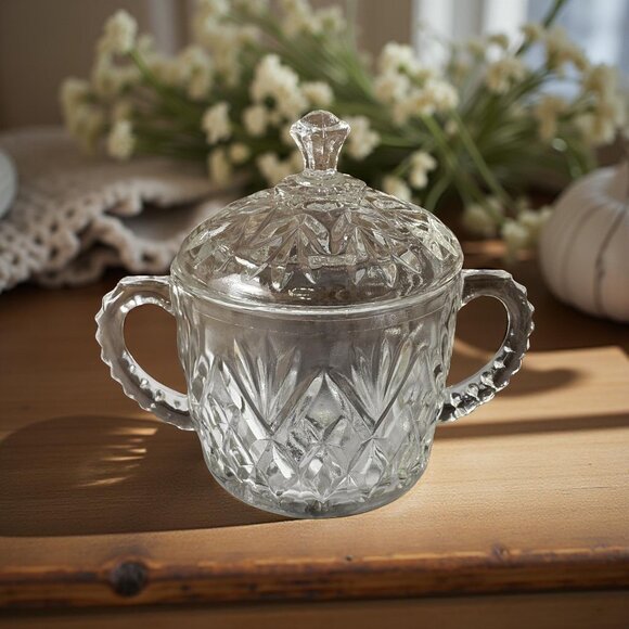 Vintage Crystal Sugar Bowl With Lid & Handles Pineapple Anchor Hocking Clear Gla - Picture 6 of 6